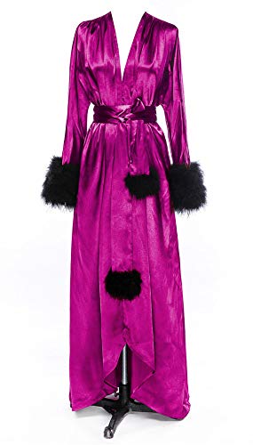 Changuan Kimono Robe Long Satin Silk Bridesmaid Wedding Bachelorette Party Nightgown Sleepwear Robe Fuchsia-Black S/M