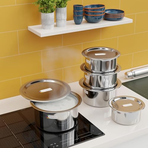 Image of Stainless Steel Tope Patila tepeli Pot pan Utensils Combo cookware Set of 5 PiC Stove and Induction Friendly /Bhagona /Sandwich Bottom Tope /Flat Bottom /Silver /Cookware OK