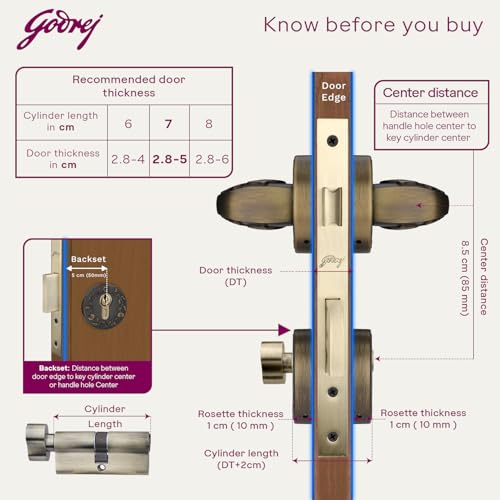 Image of Godrej Mortise Lock | Handle Lock Set for Main & Bedroom Door| Arsa Udaan Rose Handle| 240 mm Eco Lock Body | 70 mm Eco Pin Cylinder 1CK | Antique Brass| 5Year Warranty