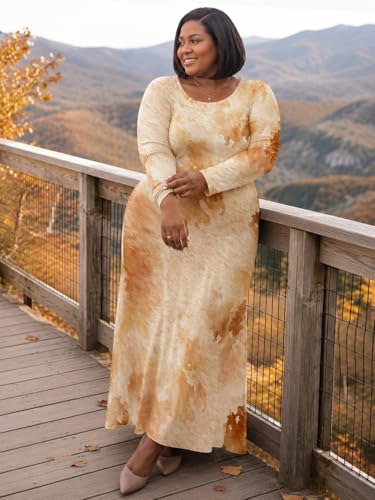 Image of PinkPatty Plus Size Maxi Dress for Curvy Women Crew Neck Long Sleeves Casual Dress Vacation Sundresses with Pockets