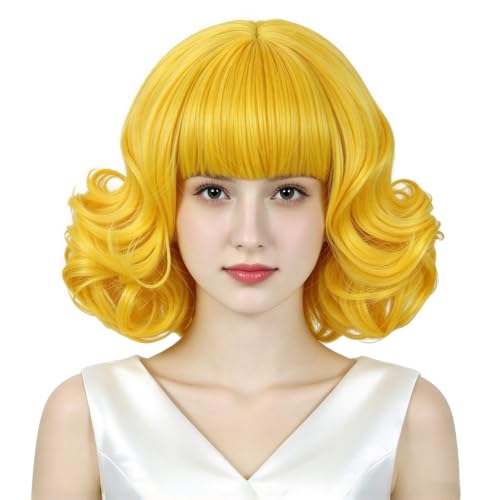 Yellow Wig Short Curly Yellow Bob Wigs with Bangs Synthetic Wigs with Wig Cap for Cosplay Party Costume(Small Size)