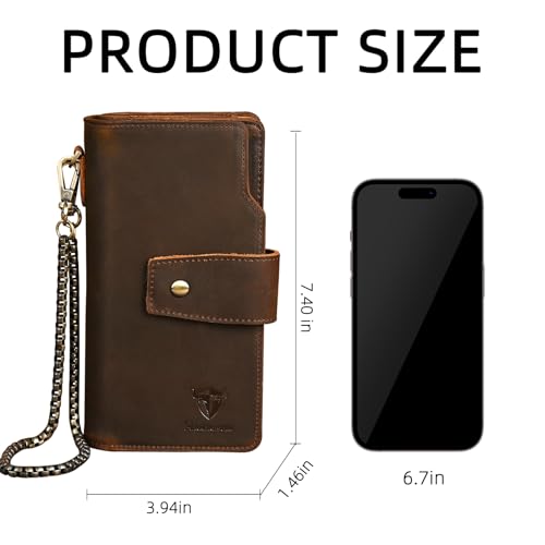 Image of Genuine Crazy Horse Leather Travel Gift Coin Pocket Card Case Long Organizer Chain Rfid Wallet Purse With Snap For Men Male 1803 1815 (W-1820-Brown)