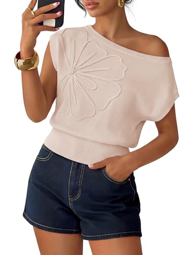ZESICA Women's Summer Off Shoulder Short Sleeve Sweater Vest 2026 Floral Knit Loose Going Out Tops...