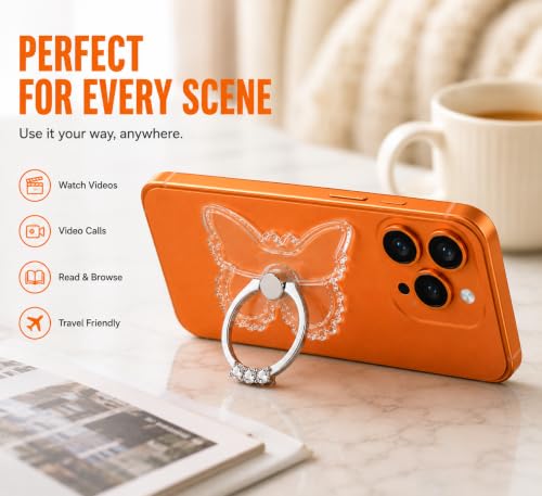 Image of Mizi 2-Pack Butterfly Phone Ring Holder Stand, 360 Rotating Finger Grip Kickstand - Sparkling Rhinestones, Strong Adhesive Transparent Phone Ring - iPhone, Samsung, Tablets & Most Phone Cases, Clear