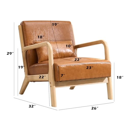 Image of INZOY Mid Century Modern Accent Chair with Wood Frame, Upholstered Living Room Chairs with Waist Cushion, Reading Armchair for Bedroom Sunroom, Light Brown