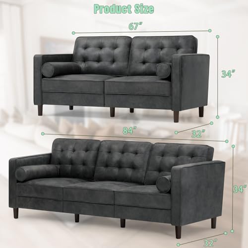 Image of Suede Leather Upholstered Sofa Set with Tufted Backrests, Grey | 3 Seaters Couch and Loveseat Sofa with Bolster Pillows, 2 Pieces Living Room Set for Living Room, House