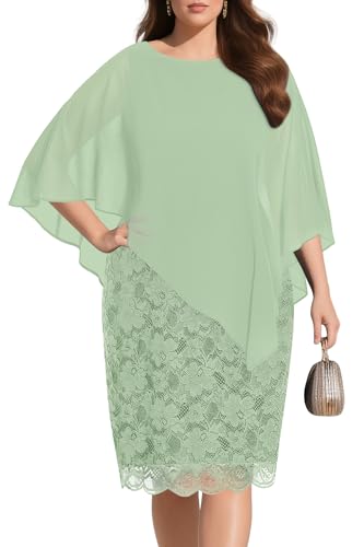 Women Mother Bride Dresses Plus Size Sage Green Wedding Guest Cocktail Lace Chiffon Overlay Pencil Knee Length Dress