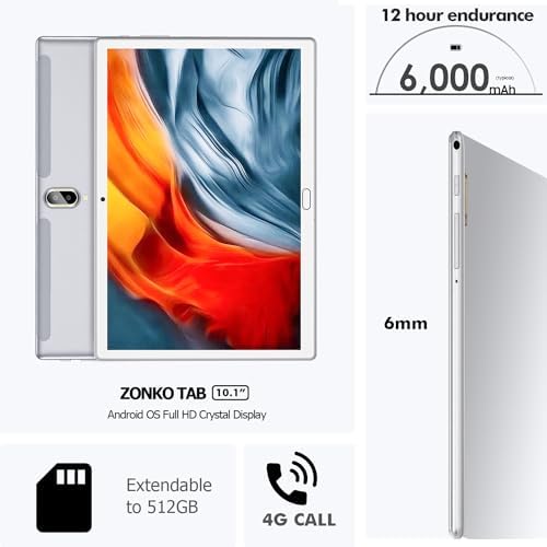 3. Bild von ZONKO Tablet 10 Zoll Android 13 4G LTE Tablet PC, Tablets mit SIM Slot 64GB ROM 512GB TF, Tablet mit Stift Tastatur und Maus, Octa-Core, 1080PFHD, 6000mAh, 13 MP, Bluetooth WiFi GPS OTG Typ-C, Silber