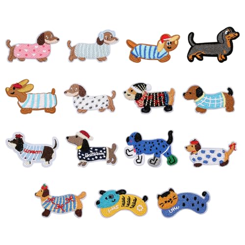 Écussons thermocollants, lot de 15 assortis motif Teckel brodés Petits transferts à repasser mignons autocollants d'applique de chien écussons à coudre pour jeans,...