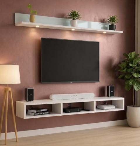 Image of Bros Moon Wall Mounted TV Cabinet Parallel Rooftop Model, Frosty White, pre-Laminated, Wood, for Living Room, Suits TV up to 55 Inches (Frosty White, Rooftop 48 Inches Base with Light)