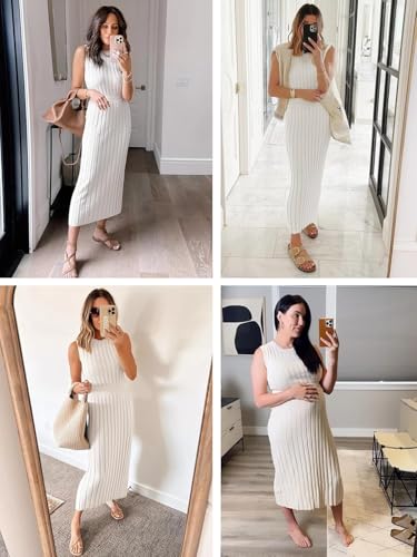 Image of Danedvi Womens 2026 Casual Ribbed Knit Midi Dress Sleeveless Bodycon Baby Shower Vacation Sweater Dresses