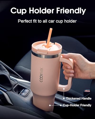 Image of Coolflask 40 oz Pink Insulated Tumbler With Handle, Lid and Straw - Stainless Steel Vacuum Travel Mug for Cup Holder, Keeps Cold for 24 Hrs /Hot for 12 Hrs