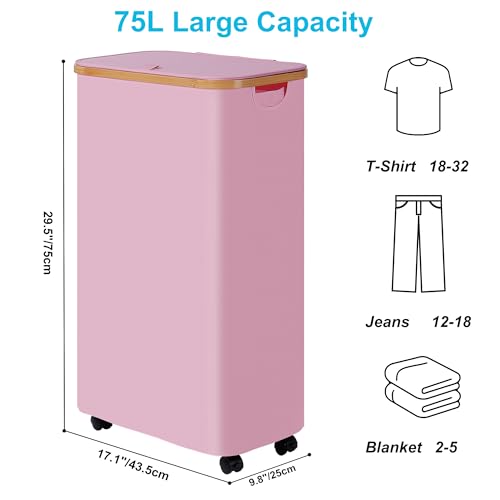 Image of efluky Slim Laundry Basket with Wheels, Narrow Rolling Laundry Hamper with Lid and Removable Bag, Tall Aesthetic Dirty Clothes Hamper on Wheels for Laundry Room, Bedroom, Dorm and Bathroom, 75L Pink