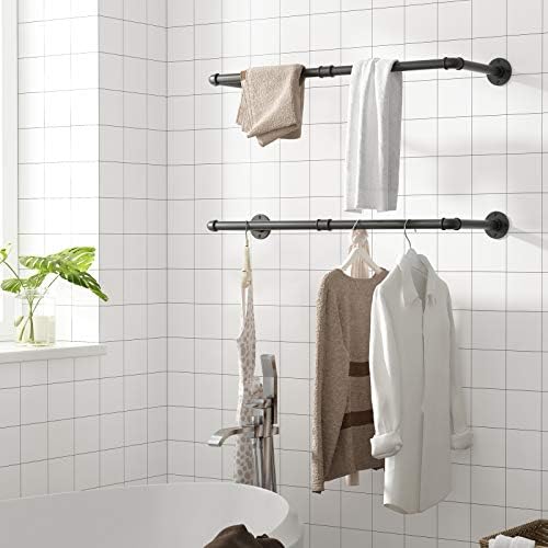 HOOBRO Wall-Mounted Clothes Rack, Set of 2, Industrial Pipe Clothes Hanging Bar, Space-Saving, 80 x 25 x 7 cm, Each Holds up to 50 kg, for Small Space, Easy Assembly, Black EBK01BJ01