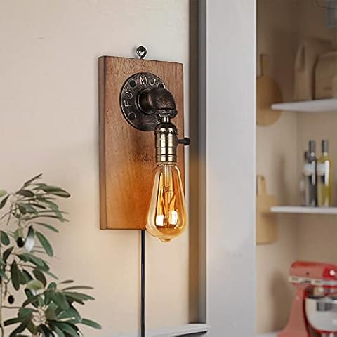 Modern Vintage Steampunk Plug in Cord LED Wall Lamp - Industrial Adjustable Wood Wall Sconce Lighting Fixture with Toggle Switch - Indoor Reading Light Porch Decoration for Kids Bedroom Living Room Cover