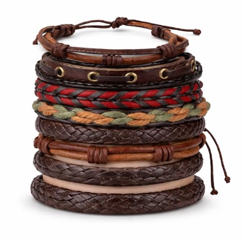 Vellichor Europe 6 Pack Adjustable Leather Bracelet Set for Men and Women Braided Rope and Wrap Style Bracelets Stacking Wrist Bands for Everyday Wear Casual Vintage Look Fits 1834 cm Wrists