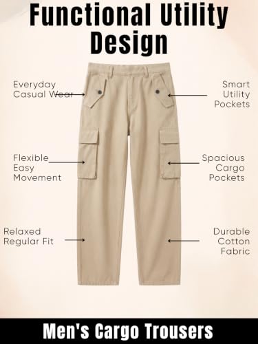 Image of GRECIILOOKS Men's Cargo Pants | 6 Pocket Cotton Cargo Joggers for Men | Loose Fit Stylish Pant with Pockets | Casual Baggy Trousers & Streetwear Lower