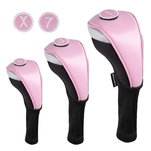 Andux 3pcs/Set PU Golf Wood Club Head Covers 460cc Driver Covers with Long Neck Pink