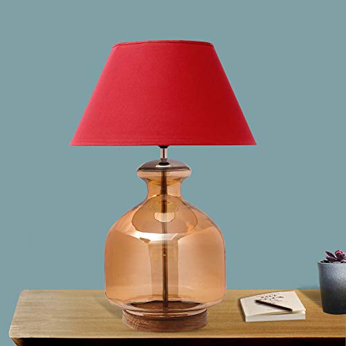 Image of Alper Amber Luster Glass Table Lamp with Maroon Cotton Shade | Modern Designer Bedside & Living Room Decorative Table Light (Bulb Included)