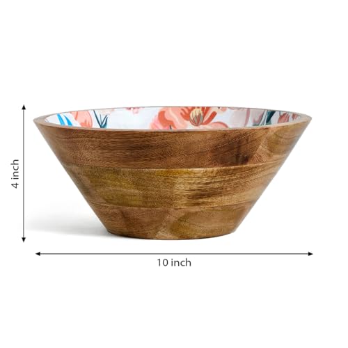 Image of SAAGA Printed Mango Wood Serving Bowl - 10 x 4 Inch Handcrafted Round Wooden Bowl | Food-Grade Finish for Noodles, Soups, Curries & Snacks - Canyon Clay
