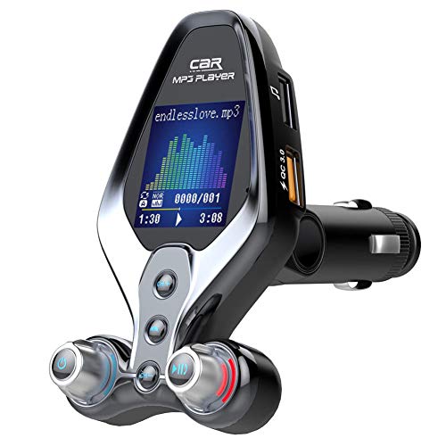 FM Transmitter for Car, Wireless Bluetooth 5.0 in-Car Radio Adapter Audio Receiver with 1.44 Inch Color Screen QC 3.0 Dual USB Car Charger, AUX Input/Output, TF Card Mp3 Player