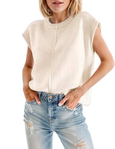 Casual Cap Sleeve Sweater for Women Crew Neck Loose Fit Cotton Pullover Tops Knit Light Sweater Tops