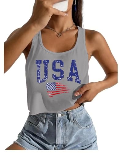 Womens Sexy American Flag Crop Tank 4th of July Patriotic Sleeveless Tee Tops (Gray1 XS)