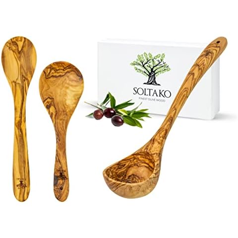 SOLTAKO Olive Wooden Cooking Utensils - Soup ladle with Rice Spoon and Cooking Spoon Set, Large Soup Spoon - Kitchen Cooking Utensils with Long Handle, ladles, Healthy Spoons Cover