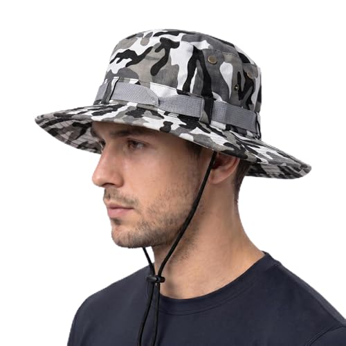 Image of Kraptick Wide Brim Sun Hat for Men - Outdoor Tactical Boonie Hat with Adjustable Chin Strap, Breathable Trekking Cap for Hiking, Fishing, Safari & Jungle Adventures