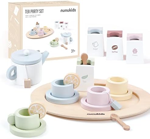 nunukids Wooden Tea Set for Little Girls Tea Party Set for Toddlers 20pcs Playset Pretend Play Tea Set Toy