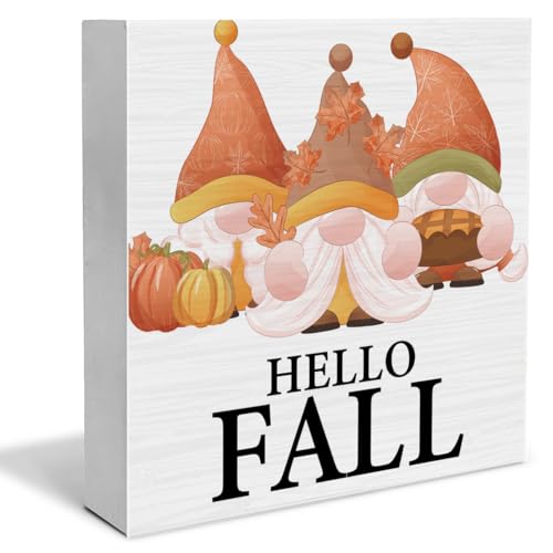 Hello Fall Decor Fall Gnomes Decorations Rustic Fall Wooden Block Sign Home Indoor Decor 5 x 5 Inches
