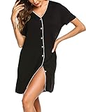 ADOME Damen Nachthemd Kurzarm Geburt Stillnachthemd Negligee Nachtwäsche Kurz Nachthemden Nachtkleid Kleid Sleepwear für Damen Schwarz L