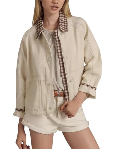 Aimiray Women's Barn Cropped Jacket Windproof Casual Plaid Bomber Jacket Spring Cotton Coats with Pockets(Beige-S)