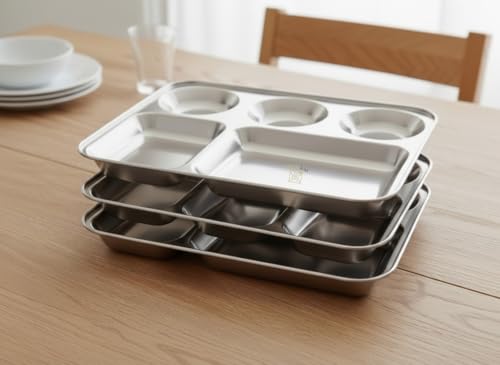 Image of MOHAM Stainless Steel Rectangular Partition Plate 5 in1 /Bhojan Thali /Compartment Plate /Steel Thali /Dinner Plate Pack of 3 of 1 for Breakfast /Lunch /Dinner /Pav Bhaji Plates