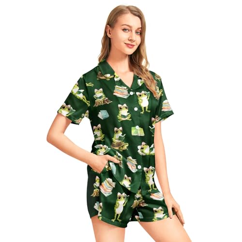 Image of Funny Pajamas for Women Set Print Satin Loungewear Pjs Short Sleeve Button Down Top and Shorts Sets Sleepwear XS-3XL