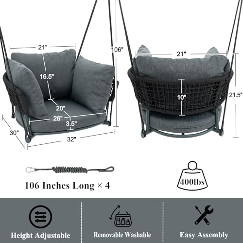 Image of Single Porch Swings Chair with Cushions, Hanging Rope Swing, Hanging Chair for Bedroom, Hammock Chairs Swing Indoor & Outdoor, Macrame Hanging Swinging, Patio, Balcony, Dark Grey