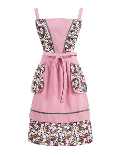 Pinknoke Kitchen Aprons for Women with Pockets Cute Floral Chef Pinafore Apron for Gardening Cooking Baking Painting (Pink)