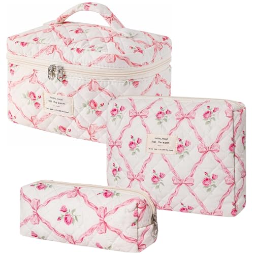 SoGhhd Floral Quilted Makeup Bag Set for Women Aesthetic Travel Large Cute Cosmetic Toiletry Pouch Lightweight Cotton Tote Purse Organizer Insert Valentines_Gifts for Her, c01 (3PCS#08Bowknot Rose)