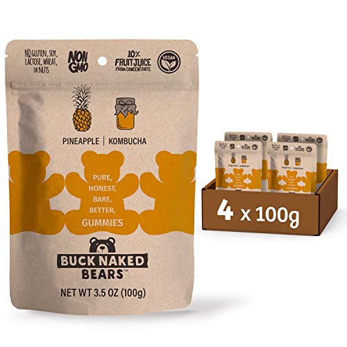 Buck Naked Bears - Vegane Gummibärchen mit Kombucha - 4x100g glutenfreie & laktosefreie Fruchtgummis Geschmack: Ananas & Kombucha Cover