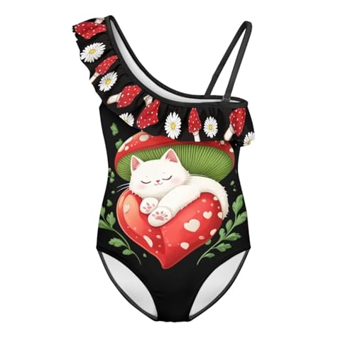 Image of Ladybug Swimsuits for Girls 5-14 One Piece Bathing Suit Kids One Ruffle Shoulder Beach Sport Swimwear