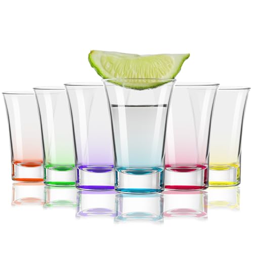 FLOW Barware Set di 6 bicchierini da shot colorati con base pesante, bicchieri da shot da 50 ml, set di bicchieri colorati impilabili per vodka, tequila, whisky, multicolore