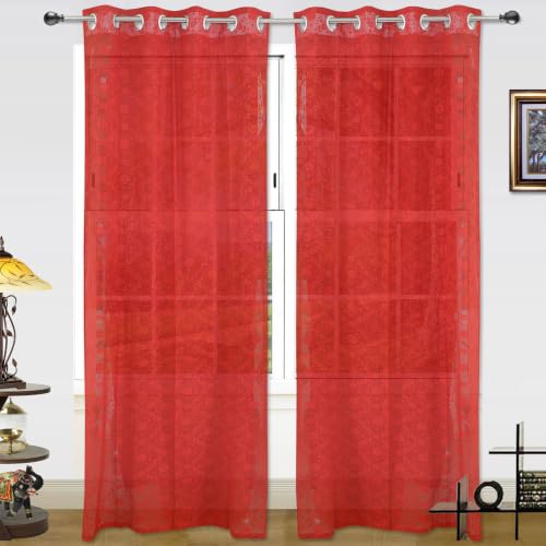 Image of Dekor World Red Cotton Net Curtain Set (Pack of 2)