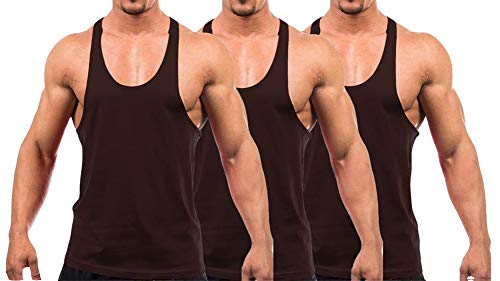 YAKER Men's Blank Stringer Y Back Bodybuilding Gym Tank Tops (XL, 3Pcs-Coffee)