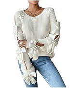 WDIRARA Women's Bow Cut Out Long Sleeve Sweater Oversized Knit Pullovers Crew Neck Top