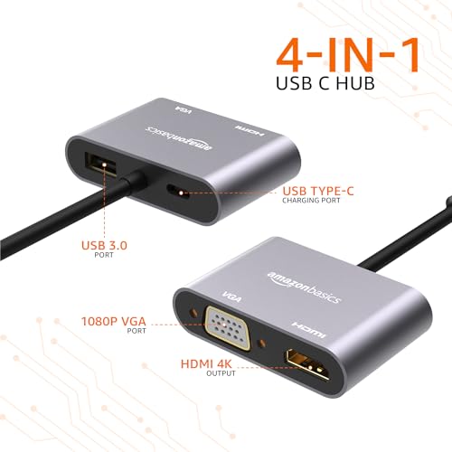 Image of Amazon Basics 4-in-1 Hub Multiport Adapter with HDMI 4K, VGA 1080P, USB 3.0, 100W USB-C PD Port for PC, MacBook, Mac mini, iMac, and Tablet