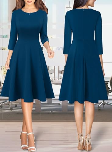Image of VFSHOW Womens Work Business Front Zipper A-Line Dresses 3 /4 Sleeve Office Church Fit and Flare Skater Swing Knee Length Dress