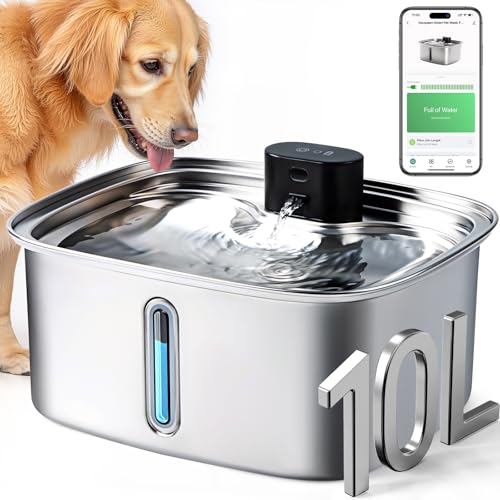 Smart Dog Water Bowl Dispenser Large 10L/ 2.64Gal Cordless Dog Water Fountain Stainless Steel with APP Monitoring 4000mah Automatic Cat Water Fountain for Mutil-Pets Large Dogs 3 Fountain Modes