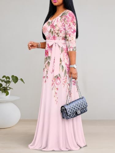 Image of PinkPatty Plus Size Maxi Dress for Women Casual V Neck 3 /4 Sleeve Boho Printed Long Dress with Pockets