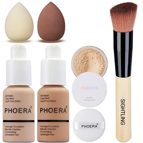PHOERA 30ml Foundation Liquid Full Coverage 24HR Matte Oil Control Concealer (Nude #102)(Buff Beige #104) with Puff (Cool Beige #02) & Wooden Handle Foundation Make up Brush PHOERA 30ml Foundation Liquid Full Coverage 24HR Matte Oil Control Concealer (Nude #102)(Buff Beige #104) with Puff (Cool Beige #02) & Wooden Handle Foundation Make up Brush