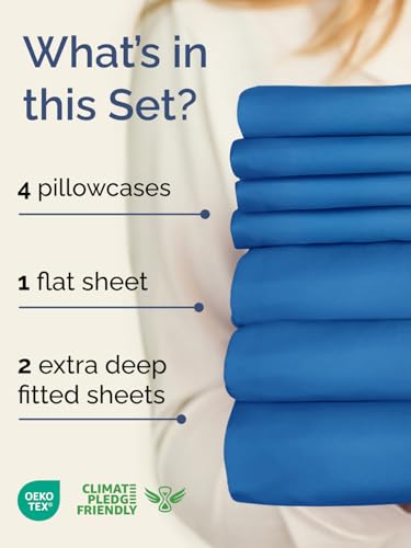 Image of Extra Deep Split King Sheet Set - 7 Piece Breathable & Cooling - Royal Blue | Hotel Luxury Bed Sheets Set, Easy & Secure Fit, Ultra-Soft, Wrinkle & Fade Free, Comfy Sheets Set with Extra Deep Pockets